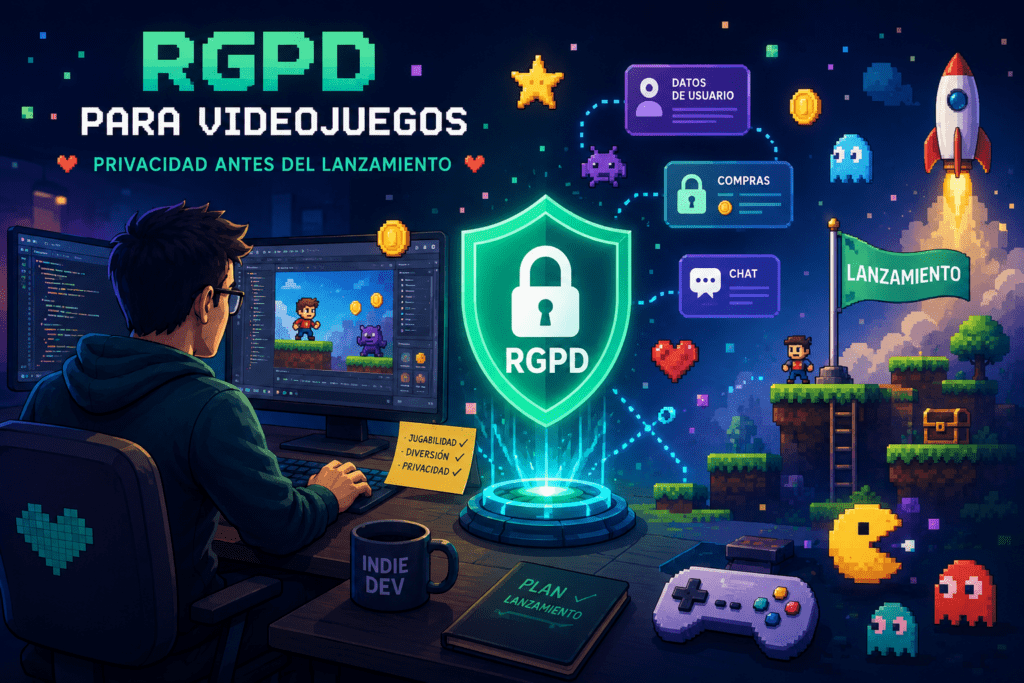 Desarrollador de videojuegos revisando la privacidad y el RGPD antes del lanzamiento de un juego con usuarios, chats y compras online.