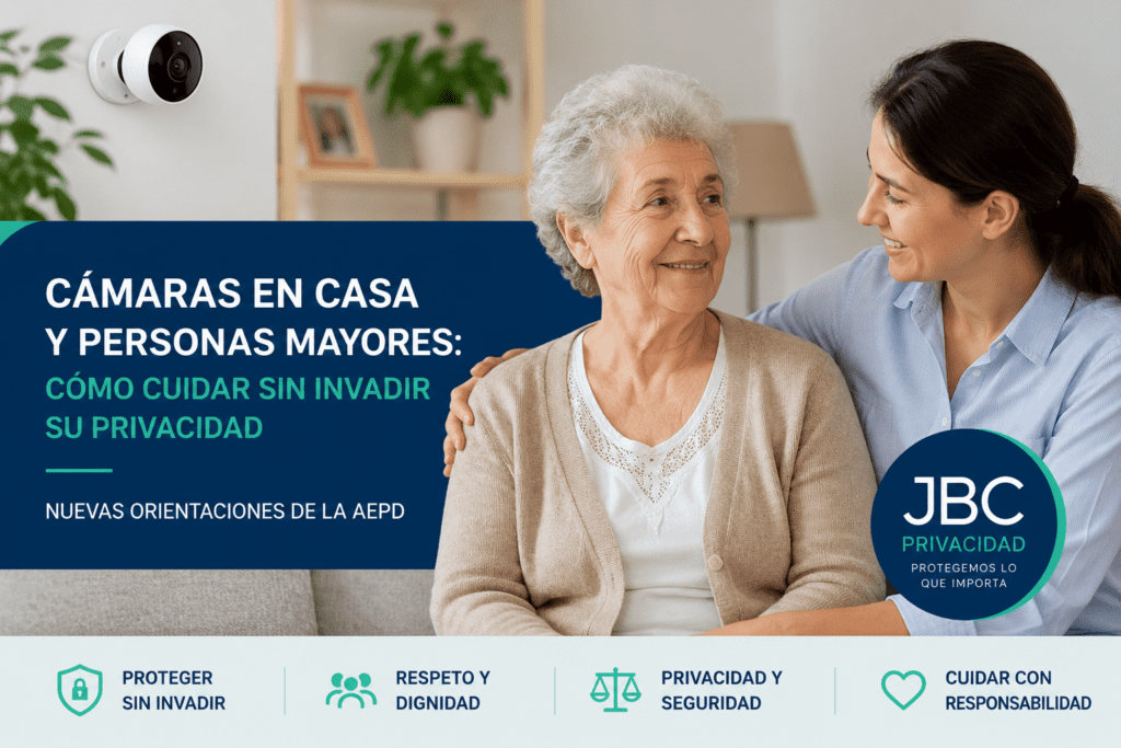 Persona mayor acompañada por una cuidadora en el hogar, con referencia al uso responsable de cámaras para proteger su seguridad y privacidad.