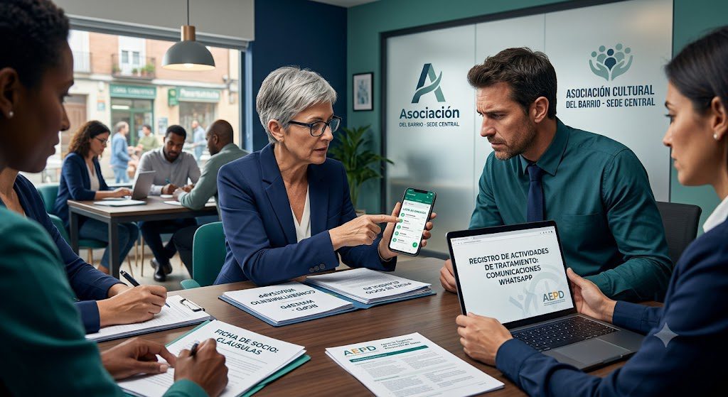 Reunión de una asociación revisando el uso de WhatsApp para comunicaciones con socios y documentación de protección de datos.