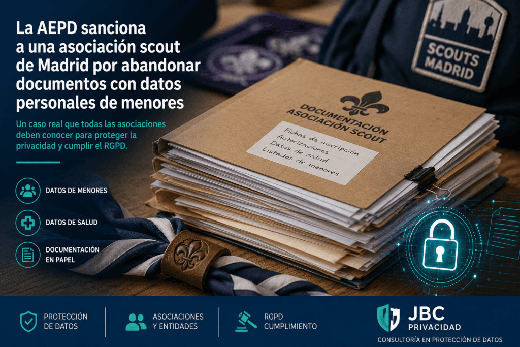 Documentación en papel con datos personales de menores en una asociación scout y símbolo de protección de datos RGPD.